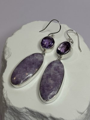 925 Sterling Silver Lepidolite & Amethyst Earrings Length 2.5 Inch