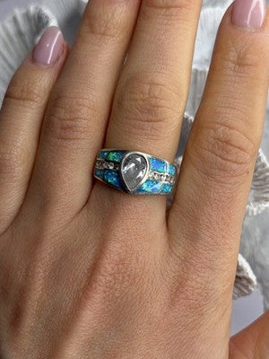 925 Sterling Silver Opal & Beryl Ring Size 8