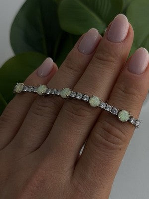 Adjustable 925 Sterling Silver Opal & Beryl Bracelet