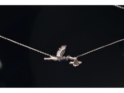 925 Sterling Silver Gold Plated Black Jade "Stork" Necklace Turkey