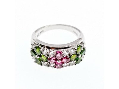 925 Sterling Silver Emerald, Pink Topaz & Goshenite "Flowers" Ring Size 7.5
