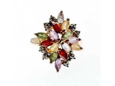 925 Sterling Silver Gold Plated Multi Gemstones "Flower" Ring Size 8