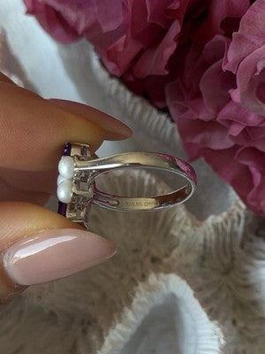 925 Sterling Silver Amethyst & Pearl Ring Size 8