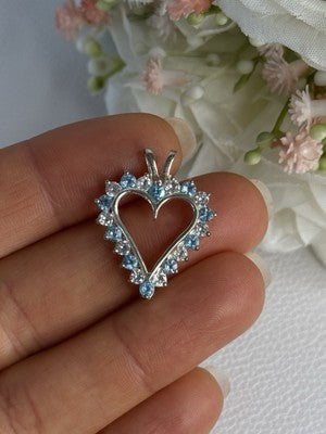 925 Sterling Silver Blue & White Topaz Heart Pendant Length 1 Inch
