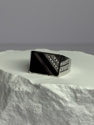 925 Sterling Silver Black Enamel & CZ Men'S Ring Size 11