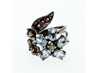 925 Blackened Silver Topaz, Garnet, Peridot & Opal Ring Size 8