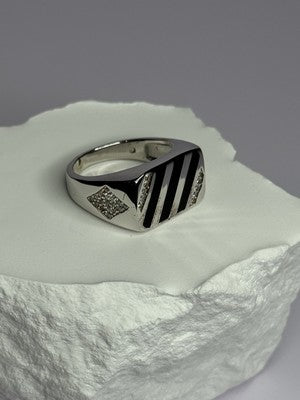925 Sterling Silver Black Enamel & CZ Men'S Ring Size 11