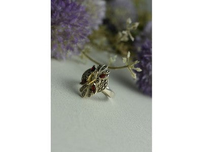 925 Sterling Silver Heliodor, Almandine & Marcasites Ring Size 8