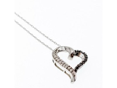 10K White Gold Black & White Diamonds Heart Chain With Pendant