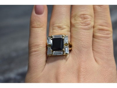925 Sterling Silver Gold Plated Jewelry Glass & CZ Ring Size 6.5