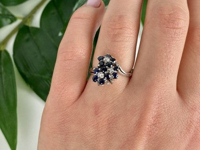 925 Sterling Silver Sapphire & CZ "Flowers" Ring Size 6.75