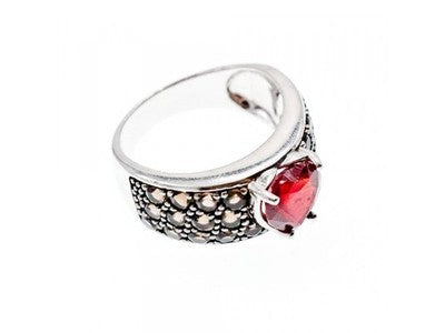 925 Sterling Silver Ruby & Hessonite "Heart" Ring Size 9