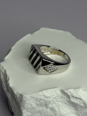 925 Sterling Silver Black Enamel & CZ Men'S Ring Size 11