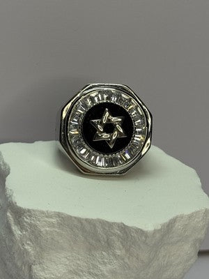 925 Sterling Silver Star of David Onyx & CZ Ring Size 9.5