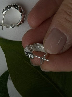 Vintage Floral Hoop Engraved Boho Western 925 Sterling Silver Earrings