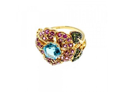 925 Sterling Silver Gold Plated Topaz, Peridot & Spinel "Flower" Ring Size 7.5