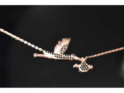 925 Sterling Silver Gold Plated Black Jade "Stork" Necklace Turkey