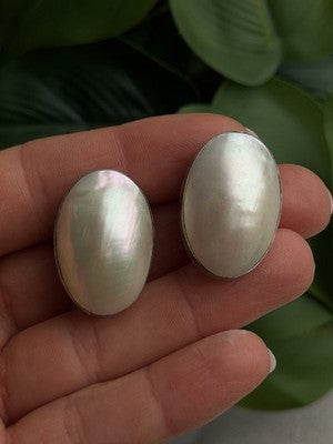 Vintage Clip-On 925 Sterling White Mother of Pearl Abalone Silver Earrings