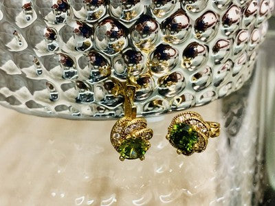 925 Sterling Silver Gold Plated Emerald & CZ Earrings