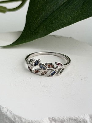 925 Sterling Silver Leaves Multi Color Spinel Ring Size 7