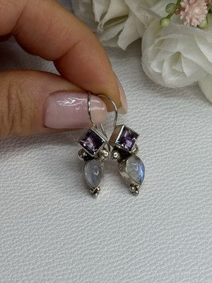 925 Sterling Silver Amethyst & Moonstone Earrings Length 1.30 Inch