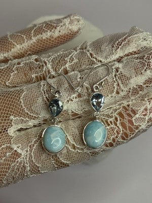 925 Sterling Silver Larimar & Topaz Earrings Length 1.7 Inch