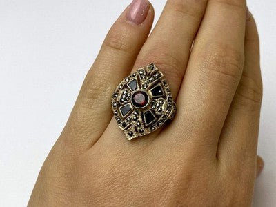 925 Sterling Silver Spessartine, Black Nephrite & Marcasites Ring Size 6.5
