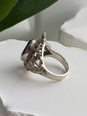 925 Sterling Silver Turtle Amethyst & Marcasite Ring Size 6
