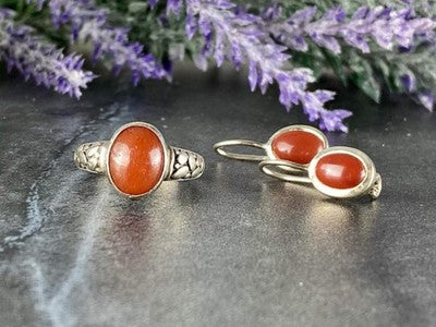 Vintage 925 Sterling Silver Dark Orange Jadeite Set
