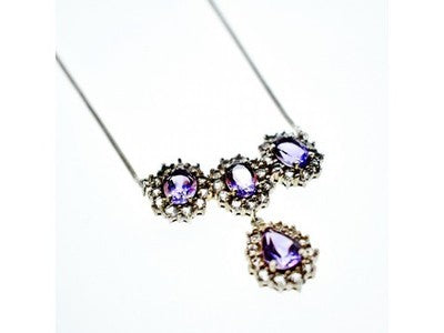 925 Sterling Silver Purple Tourmaline & Colorless Spinel Necklace Italy