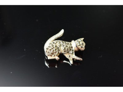 925 Sterling Silver Black Quartz (Morion) "Cat" Brooch