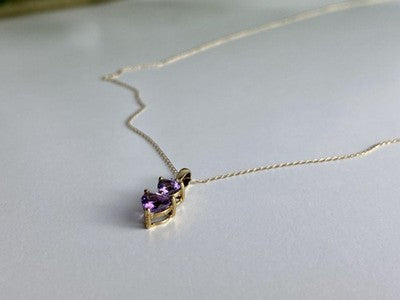 10K Yellow Gold Amethyst & Diamond Hearts Chain With Pendant