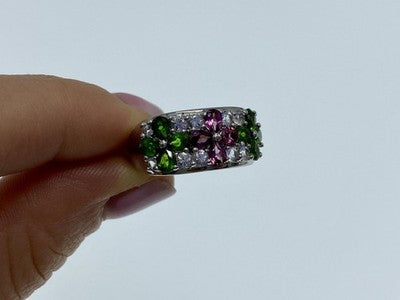 925 Sterling Silver Emerald, Pink Topaz & Goshenite "Flowers" Ring Size 7.5
