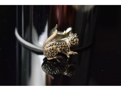 925 Sterling Silver Black Quartz (Morion) "Cat" Brooch