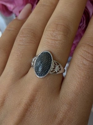 Vintage 925 Sterling Silver Black Diamond Ring Size 8