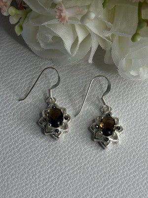 925 Sterling Silver Hessonite & Marcasite Earrings Length 1.10 Inch