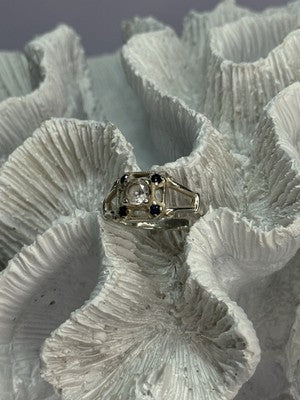 925 Sterling Silver White & Blue Sapphire Ring Size 7
