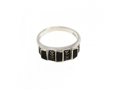 925 Sterling Silver Black Nephrite & Marcasites Ring Size 5.75