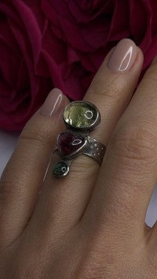 Carol Felley Vintage 925 Sterling Silver Peridot & Tourmaline Ring Size 6.5
