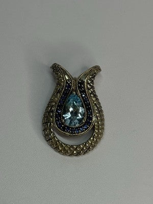 925 Sterling Silver 18k Yellow Gold Topaz & Sapphire Pendant Length 1.3 Inch