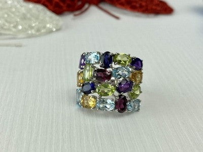 925 Sterling Silver Multi Gemstones Ring Size 6.5