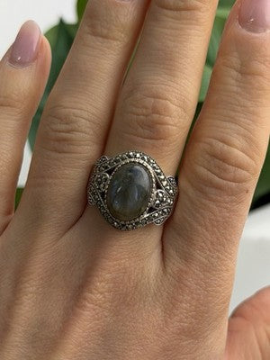 925 Sterling Silver Labradorite & Marcasite Ring Size 10