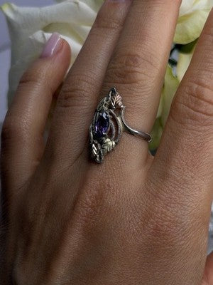 Vintage Grapevine Leaf Design 925 Sterling Silver Amethyst Ring Size 8