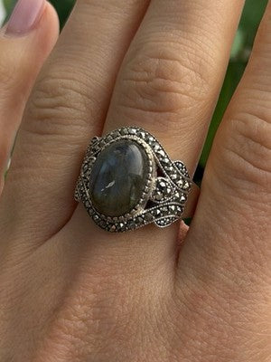 925 Sterling Silver Labradorite & Marcasite Ring Size 10