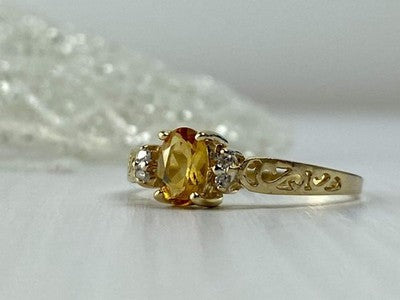 14K Yellow Gold Citrine & Diamonds Ring Size 8