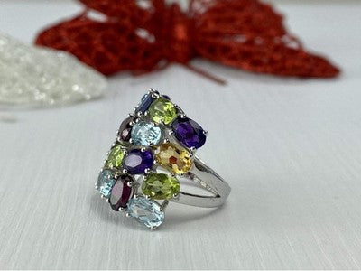 925 Sterling Silver Multi Gemstones Ring Size 6.5