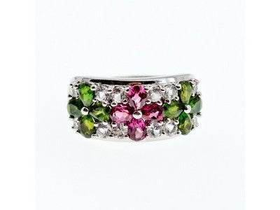 925 Sterling Silver Emerald, Pink Topaz & Goshenite "Flowers" Ring Size 7.5