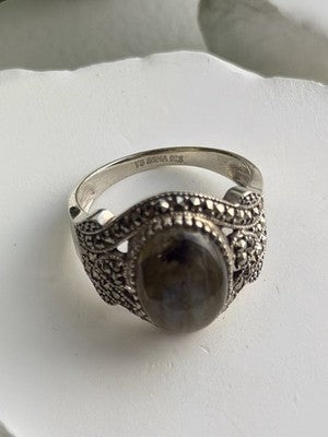 925 Sterling Silver Labradorite & Marcasite Ring Size 10