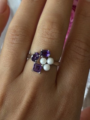925 Sterling Silver Amethyst & Pearl Ring Size 8