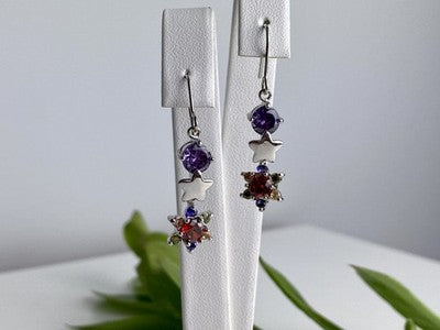 Dangle Earrings with Multicolor CZ  "Flowers & Stars"
